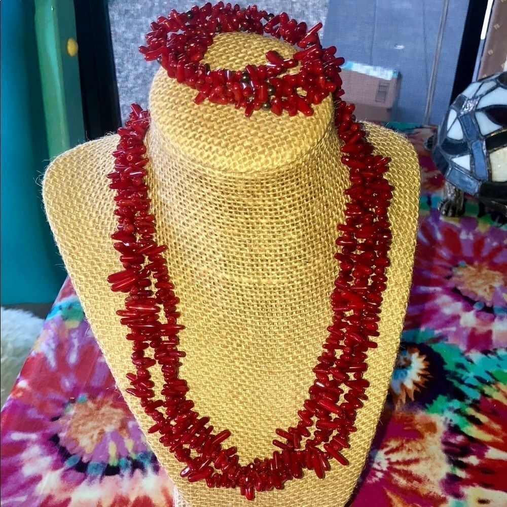 Artisan Handcrafted Authentic Red Branch Coral Multi Strand Necklace & Bracelet